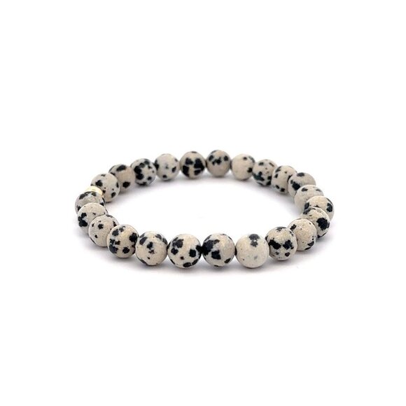 Natural Dalmatian Jasper 6mm Stretchable Bracelet 18k Gold Bead Charm - Picture 2 of 4